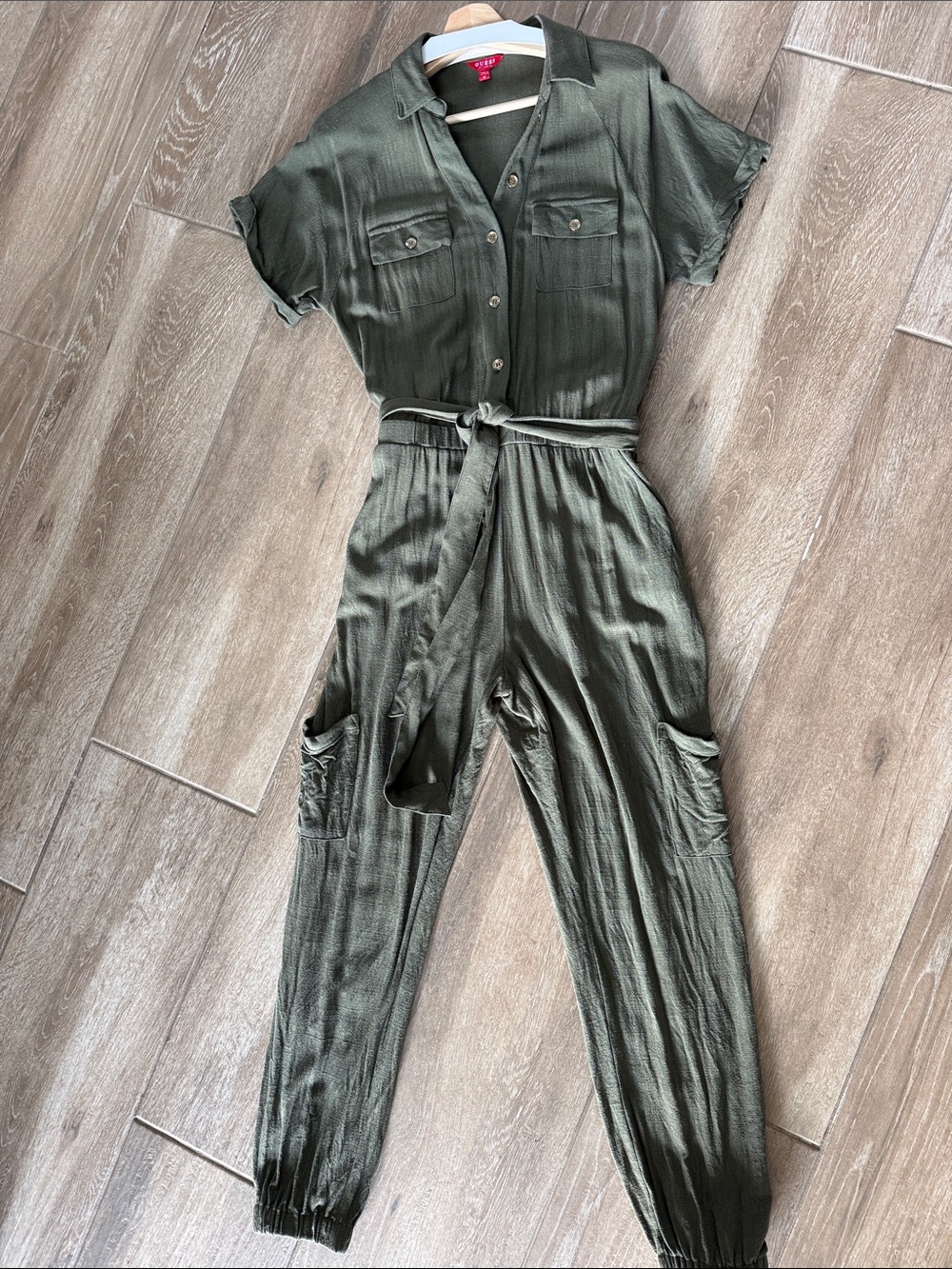 Guess Olive Utility Short-Sleeve Jumpsuit with Tie Belt.  Only worn one time